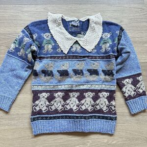Vintage Blueberry Woolens Sweater Women Medium Wool Teddy Bears Blue 1986